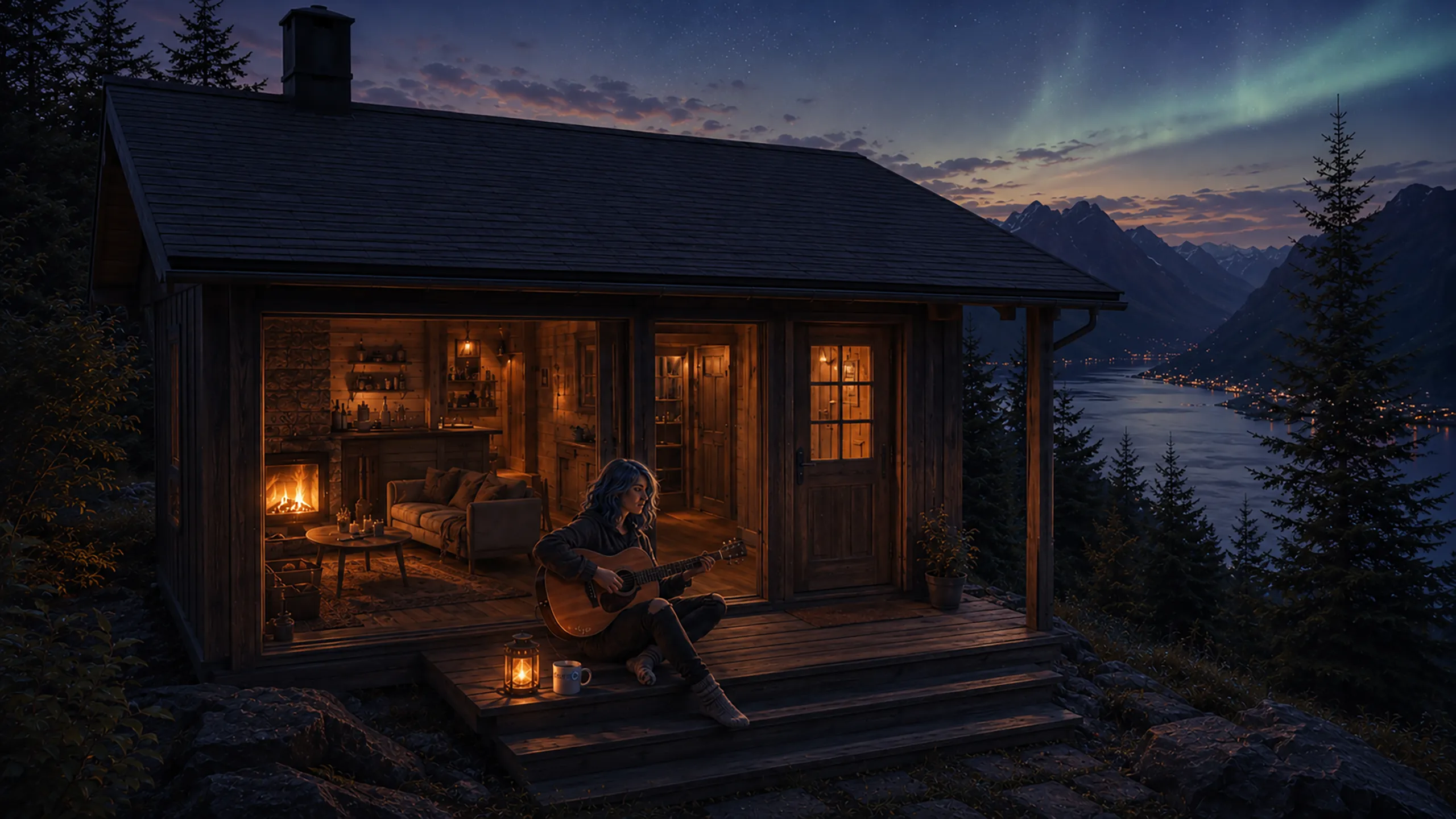 Aija’s cabin above the fjord at dusk