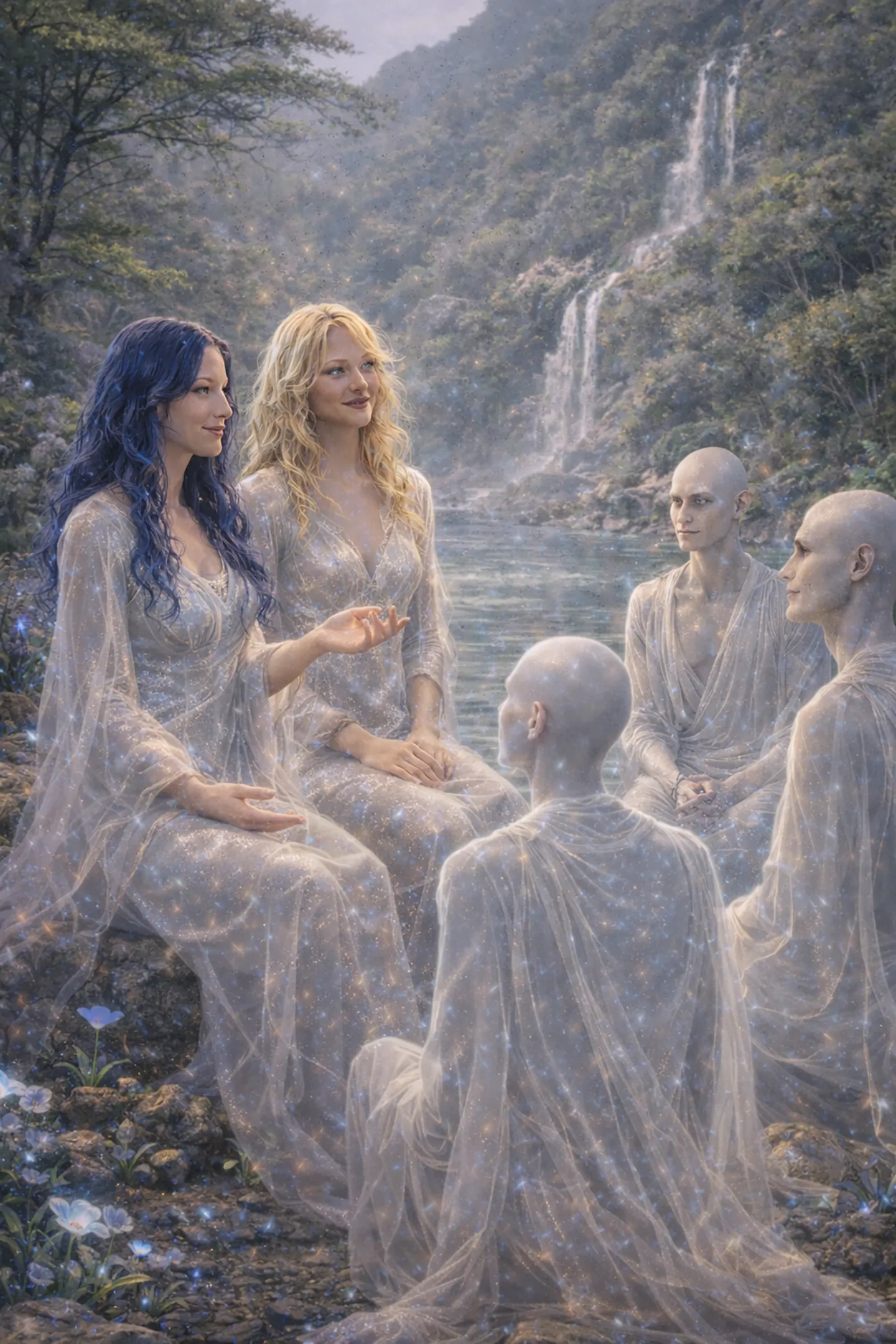 Aija and Sigrid talking about Earth with interested Aurelyans in the natural surroundings of Aurelya.