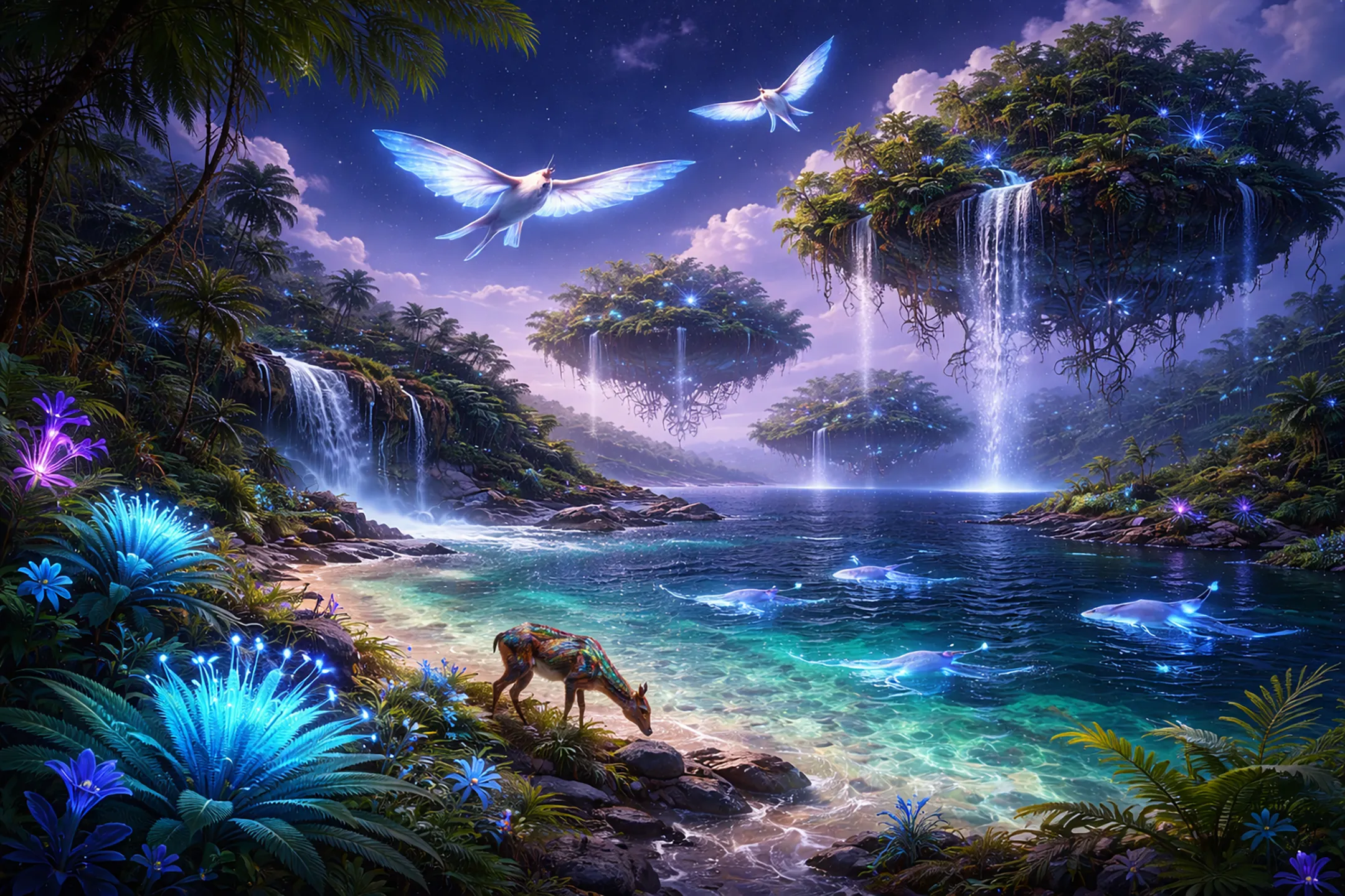 An Aurelyan shoreline with bioluminescent vegetation, floating forest islands, and lyrins.