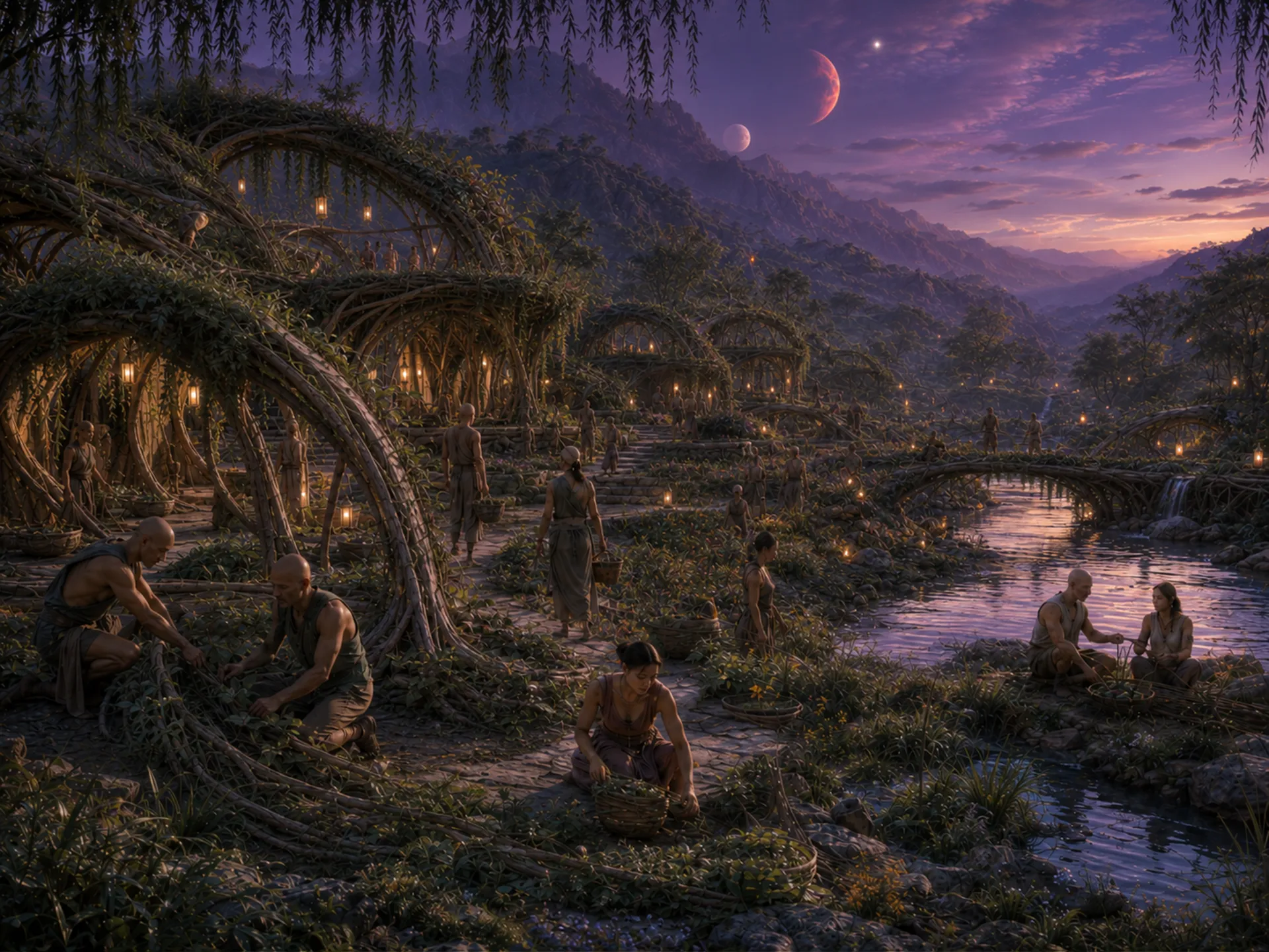 An ancient Aurelyan community where the living environment is being guided to grow into dwelling arches and other structures.