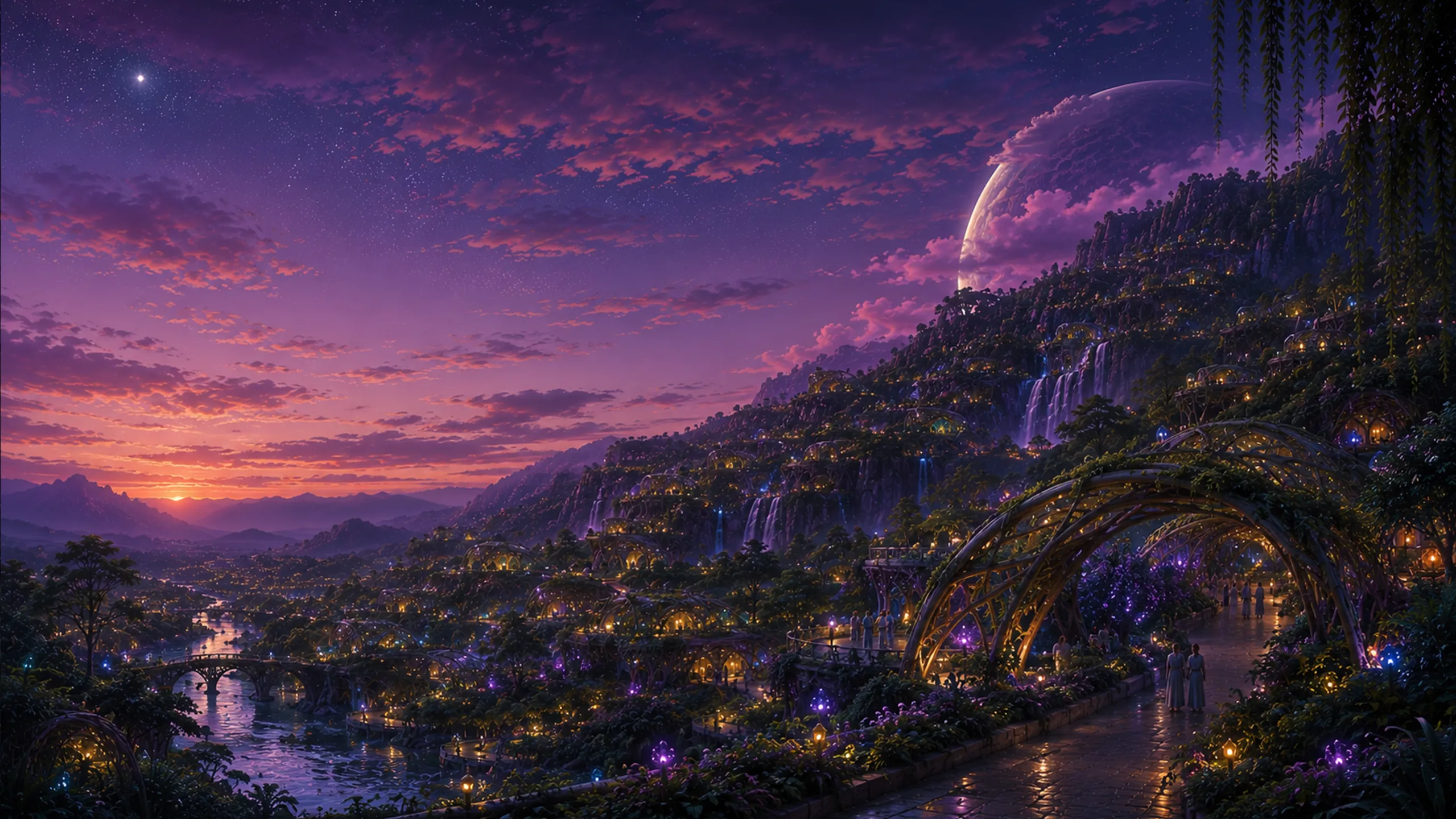 Living, grown structures of Vaelen illuminated by bioluminescence at violet twilight, with Thalos in the sky.