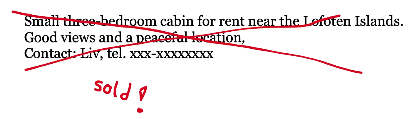 A cabin rental notice crossed out in red and marked as sold.