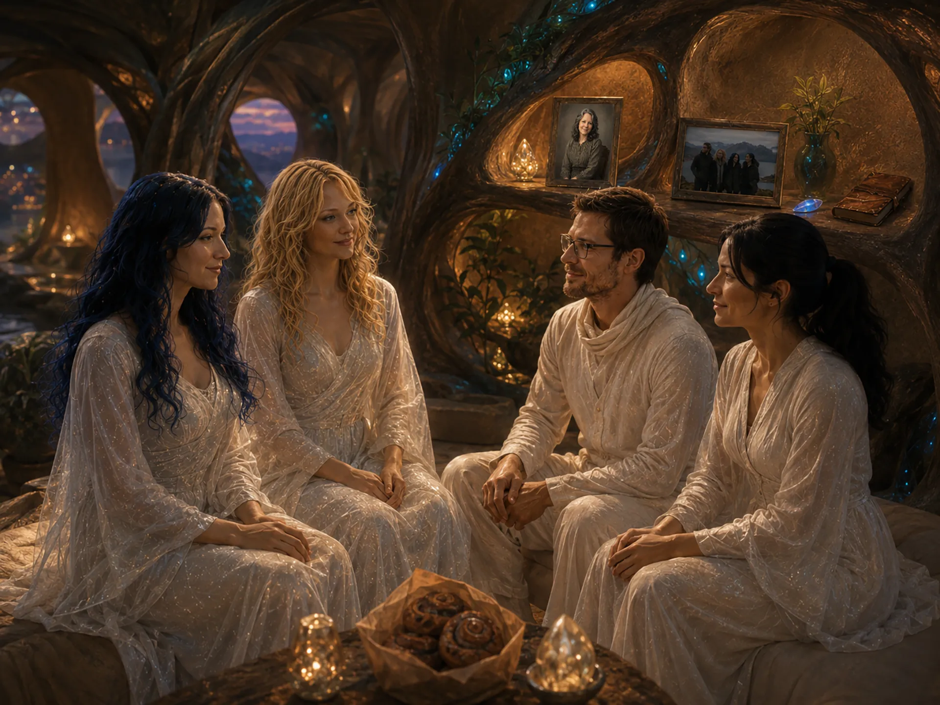 Ialyr, Thaeris, Oskari, and Ingrid in the Aurelyan home of Ialyr and Thaeris, with photographs and personal keepsakes brought from Earth visible in the background.