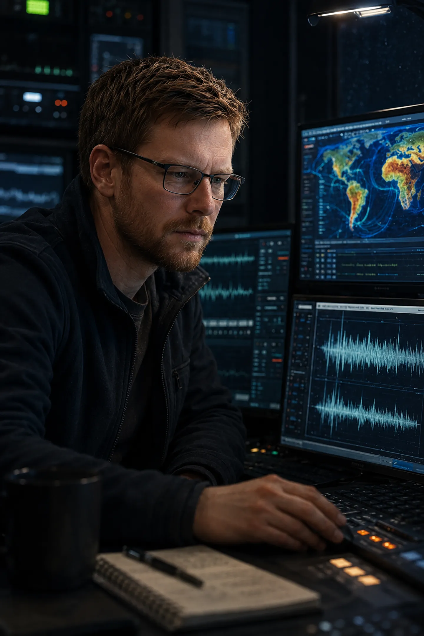 Oskari at work at the monitoring station in the Lofoten Islands at his updated workstation.