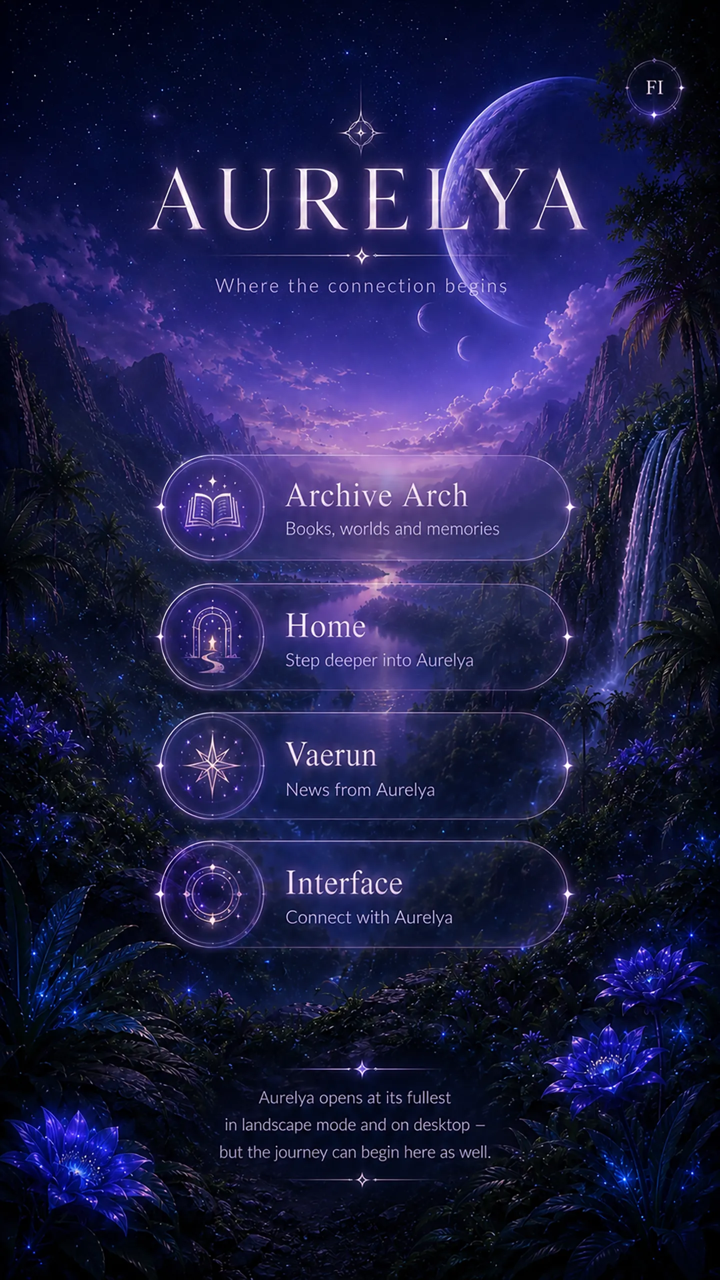 A vertical Aurelya entrance hall with links to the Archive Arc, Home, Vaerun, and the Interface